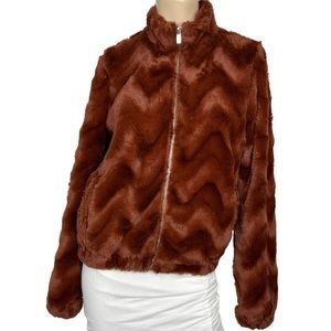Faux Fur Bomber Jacket Chevron Brown High Neck Front Zip Size Medium